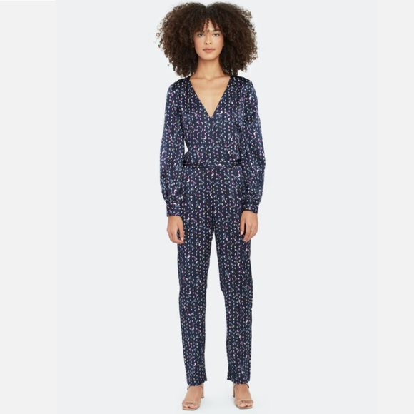 Tanya Taylor Ainsley Silk Surplice Navy Jumpsuit - Picture 1 of 13